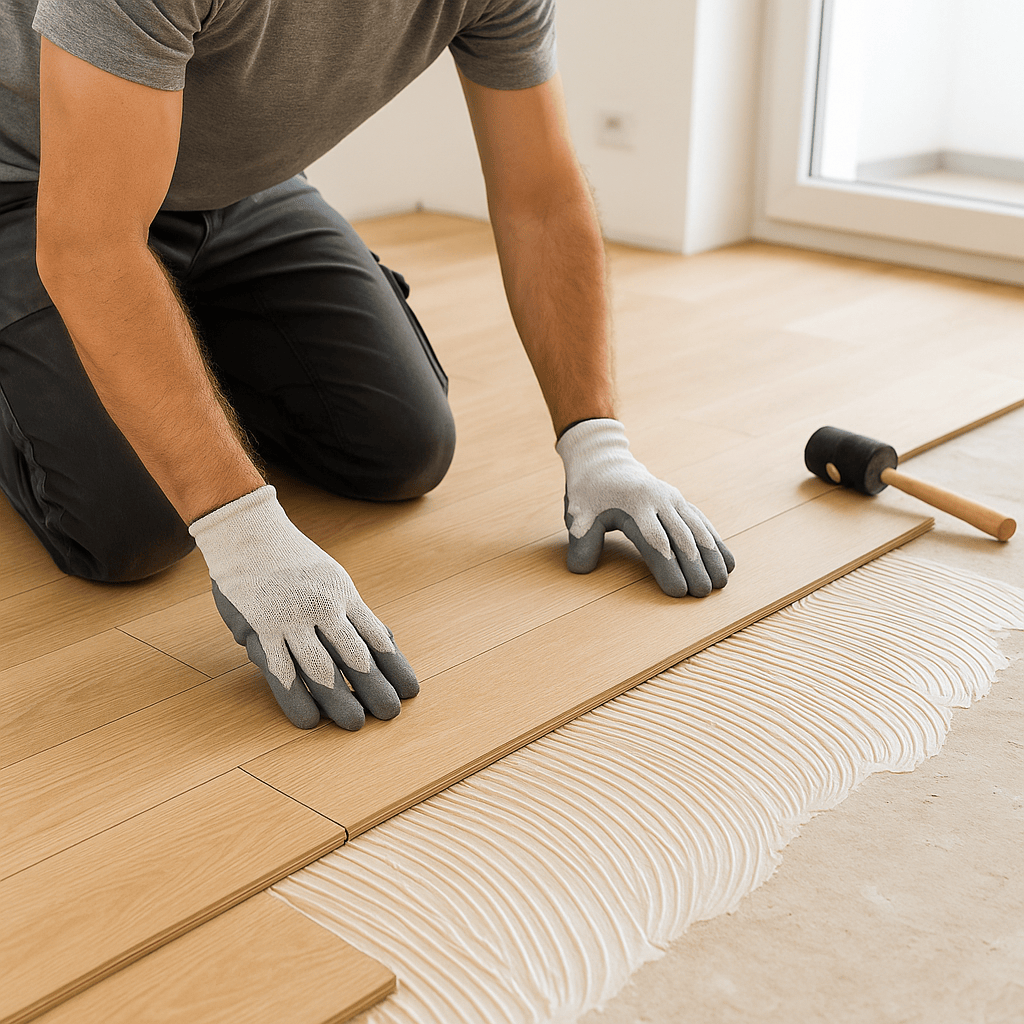 Parkettverlegung mit Klebstoff.