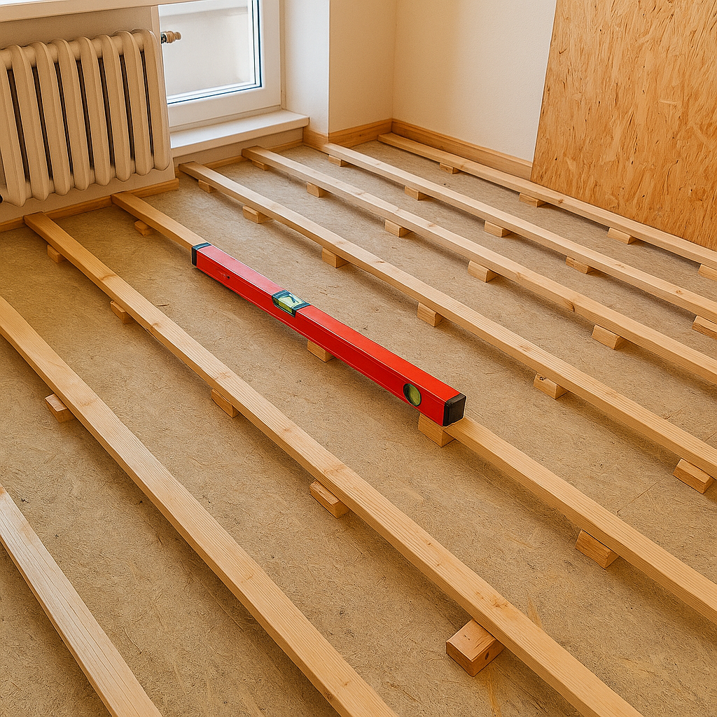 Holzbalken-Unterkonstruktion mit Bau-Niveau.